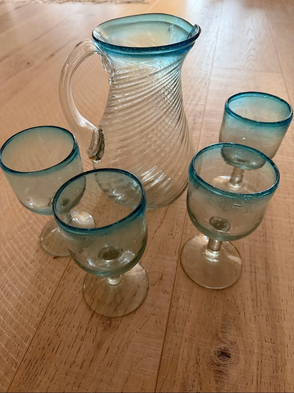 Clear Glass Pitcher and Goblet Set with Ocean Blue Rim - Home Dining